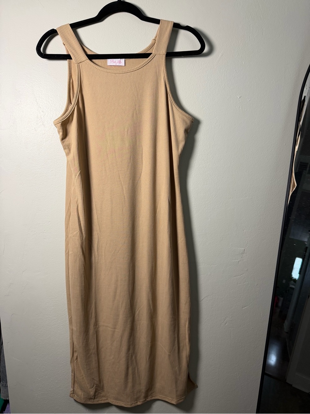 Pink Lily Ribbed Midi Tank Dress in Beige